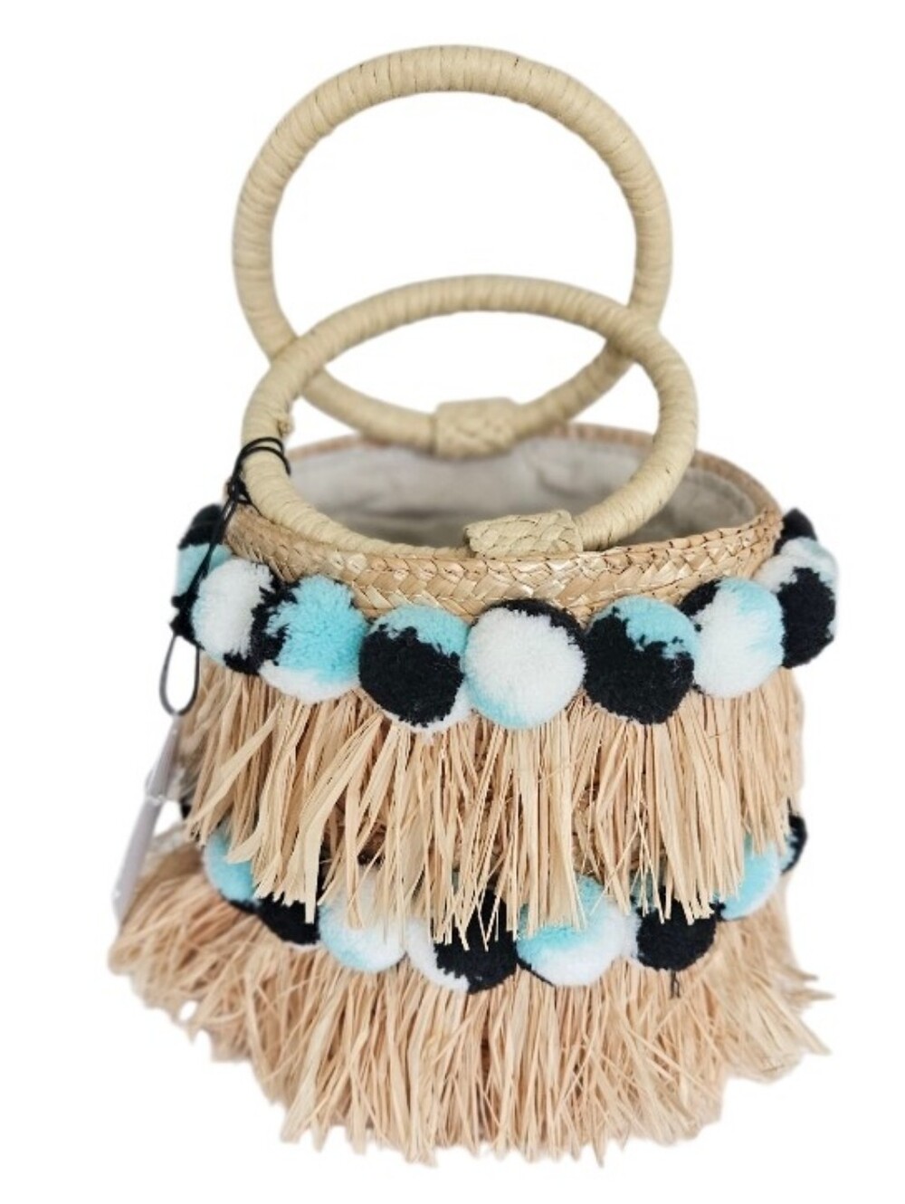NWT BTB Los Angeles - Round Bucket Straw Fringe & Pompoms Colorfull - Picture 5 of 13